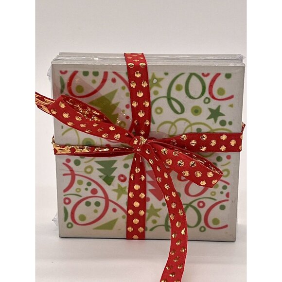 Festive Ceramic Coaster Set Of 4 with Christmas Trees And Confetti - Picture 3 of 6